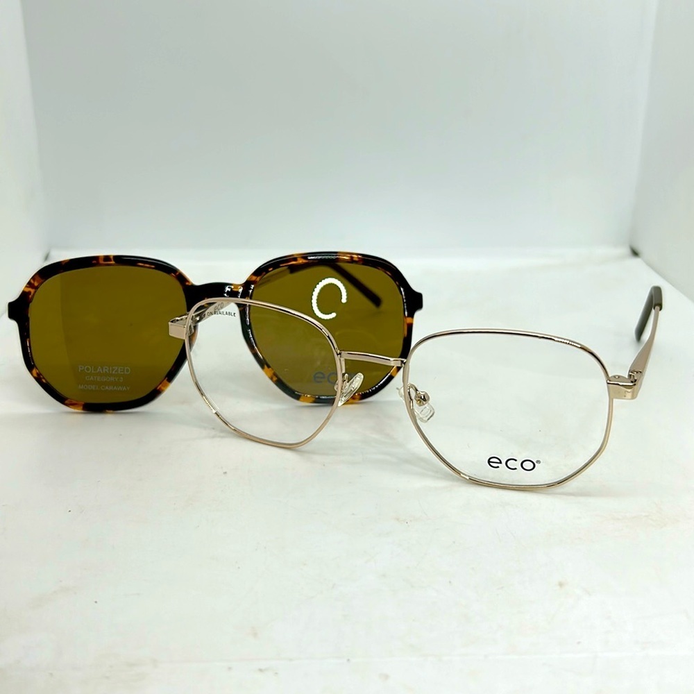 ECO Unisex Caraway GOLD Eyeglasses Frames & Polarized Sun Clip On. RXable. NWT